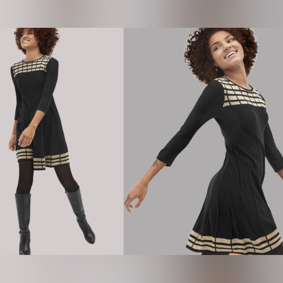 Jessica Howard Dresses & Skirts - Jessica Howard Black Tan Geometric Ribbed Knit 3/4 Sleeve Sweater Dress Large 🤩